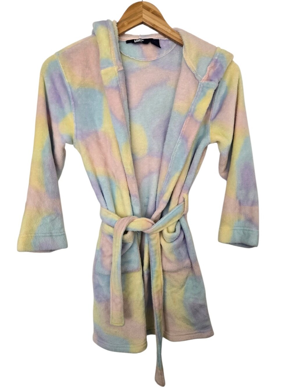 Lands’ End Pastel Tie-Dye Plush Fleece Hooded Robe Size Small 7/8